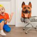 Chris wants to have a pet and plays with robo dog Chris wants to have a pet and plays with robo dog