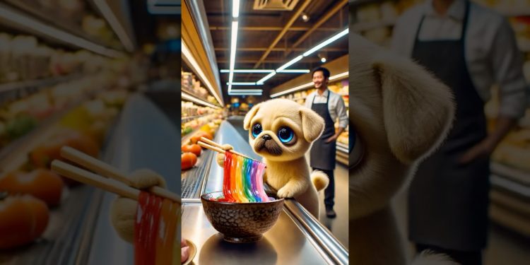 Cute Dog’s Dream Surprise! Brings a Whole Bowl of Rainbow Noodles for His “Little Fairy”!